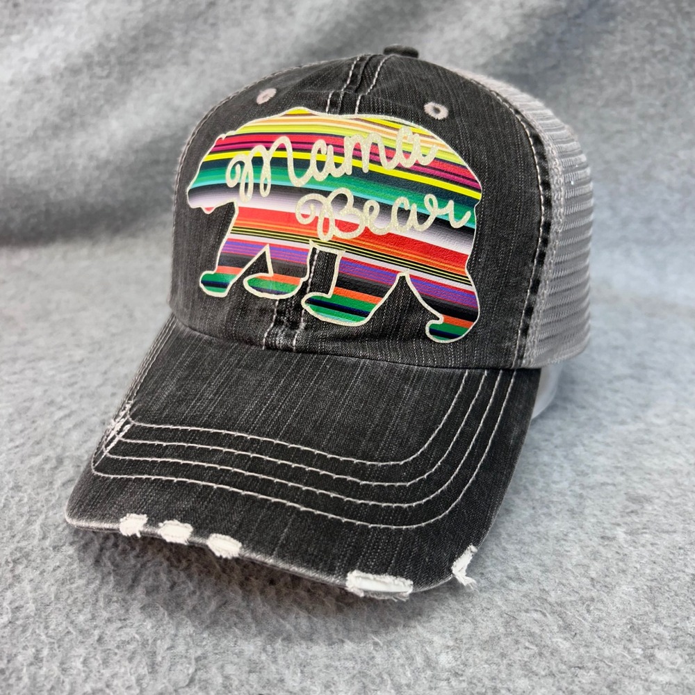 Mama Bear Serape Women Gray MG Trucker Hat Distressed Mesh Back OSFM